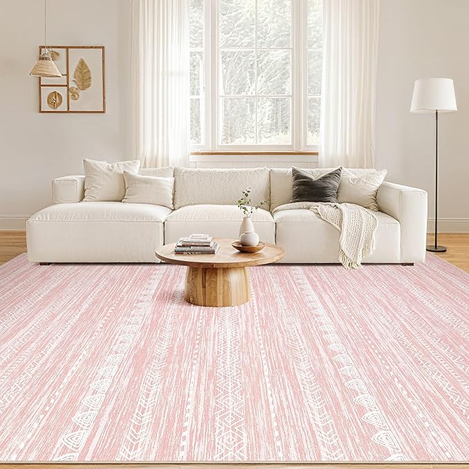Nakagishi Pink Rugs for Bedroom Girls: 7x10 Washable Boho Large Neutral Cute Soft Area Rug Modern Indoor Floor Non Slip Accent Carpet for Living Room Nursery Kids Playroom Preppy Room Dorm Baby Room