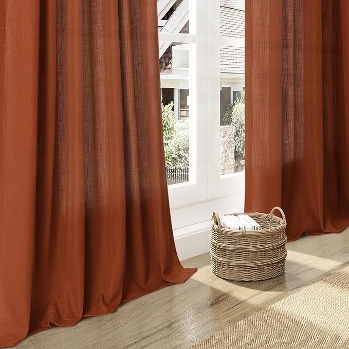 Nanspring Extra Long Curtains 132 inch Length 2 Panels Back Tab Terracotta Curtains Rustic Farmhouse Boho Fall Decor Brick Burnt Orange Semi Sheer Linen Curtain for Floor to Ceiling Window 11 Ft
