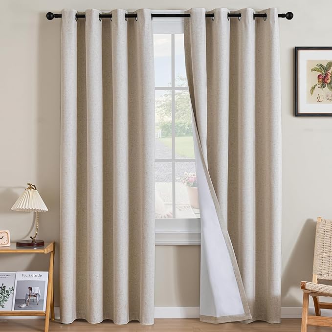 H.VERSAILTEX Linen Curtains 100% Blackout Curtains for Bedroom 102 inch Long Full Light Blocking Nature Linen Blended Window Curtains for Living Room Nickel Grommet (2 Panels, Heathered Natural)