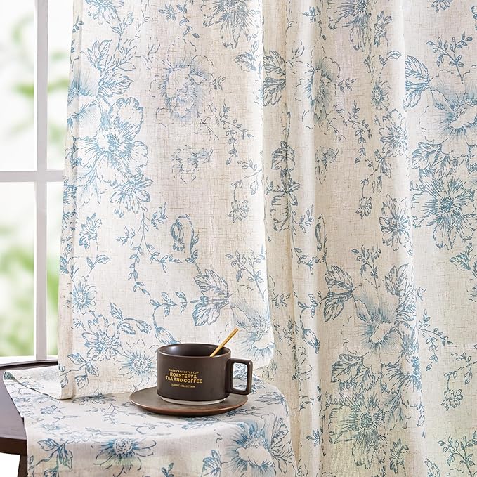 jinchan Linen Blend Curtain Floral Curtains for Living Room 45 Inch Length Blue Printed Curtain Rod Pocket Back Tab Farmhouse Peony Flower Patterned Drapes Bedroom Window Curtains Set 2 Panels
