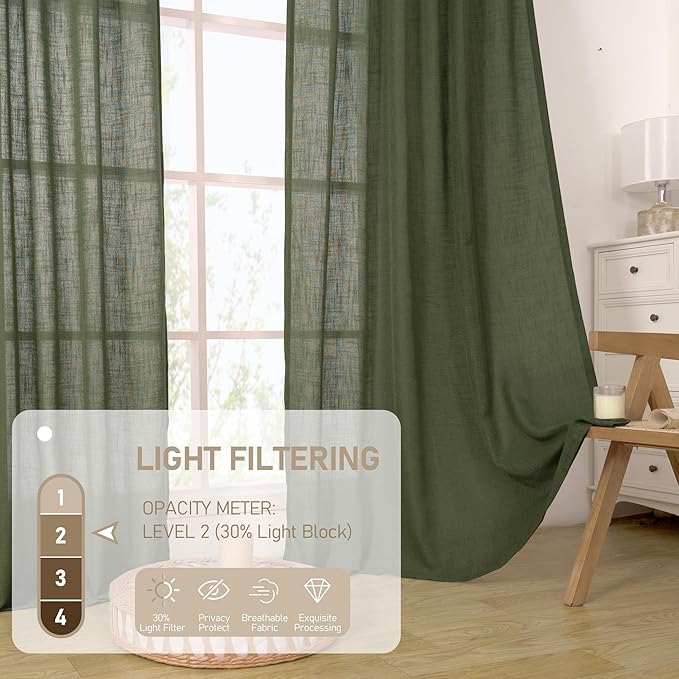 LAMIT 48 Inch Short Window Linen Curtains, Light Filtering Panels Back Tab and Rod Pocket Neutral Christmas Drapes for Cafe/Bathroom/Loft Room, Olive Green, 2 Panels, 34 x 48 Inch