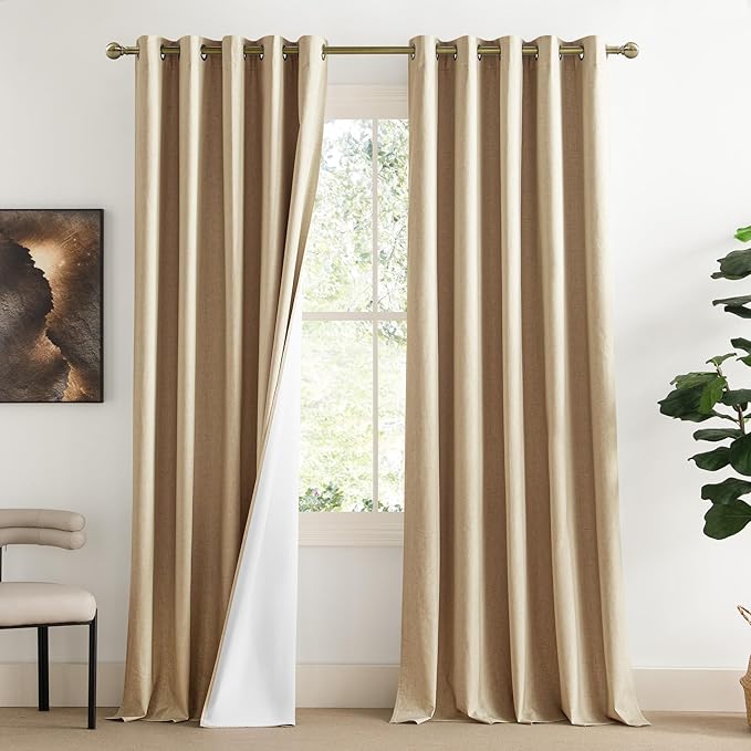NICETOWN 100% Blackout Camel Linen Curtains 102 inches Length with Thermal Insulated Liners, 2 Panels, 62 inches W, Farmhouse Style Room Cooling Small Window Draperies for Dining Room