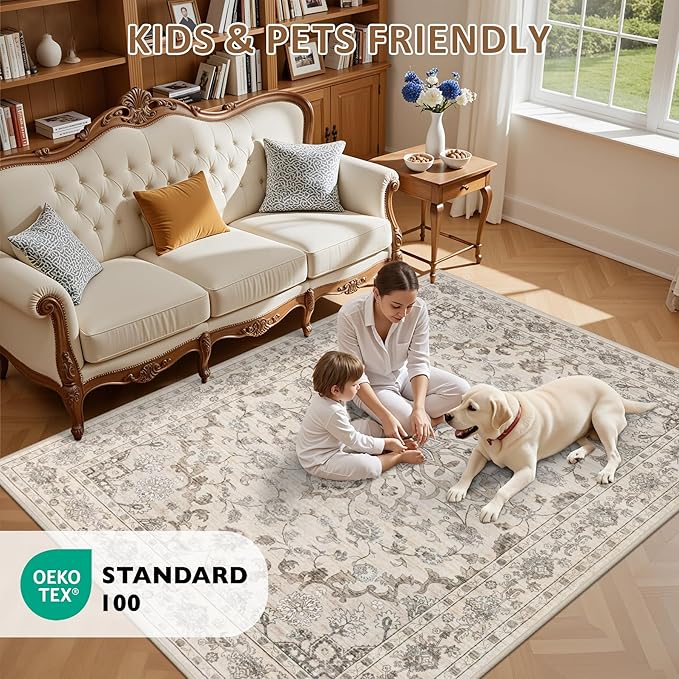 8x10 Area Rugs for Living Room: Washable Rug Soft Vintage Distressed Floral Carpet Indoor Floor Non-Slip Stain Resistant Large Carpets for Bedroom Dining Room Farmhouse Nursery Home Office Brown Beige