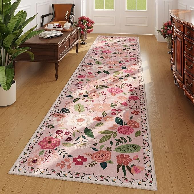 Rugcomf Washable Kitchen Runner 2'7"x12' - Floral Long Hallway Runner Rug Non Slip, Boho Carpet for Entryway, Hall, Bathroom - Pink