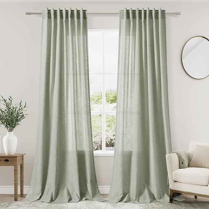 Nanspring Sage Green Linen Blend Light Filtering Curtains 86 Inches Long 2 Panel Set Pocket Back Tab Light Green Privacy Semi Sheer Decorative Decor Curtain Drapes for Bedroom Living Room 52x86