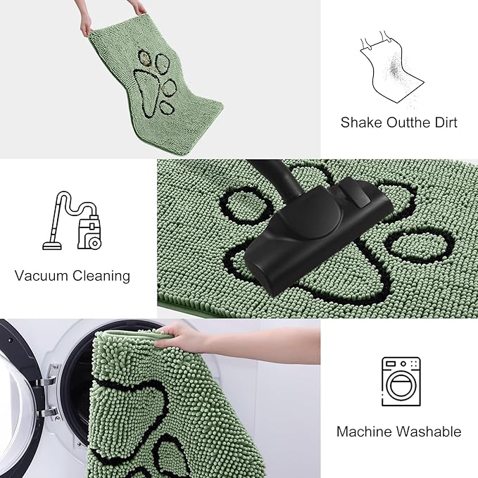 Smiry Dog Door Mat for Muddy Paws, Absorbent Dirt Trapper Non Slip Quick Dry Washable Chenille Mat for Mud Dogs, Entry Rug for Indoor and Outdoor (30x20 Inches, Olive Green and Black)