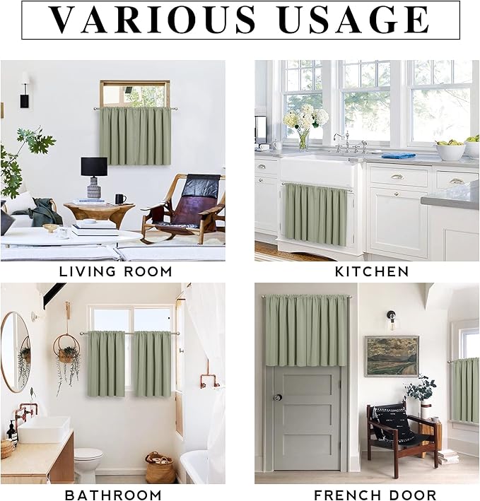 RYB HOME Short Sage Green Blackout Curtains for Small Bedroom Window, Insulating UV Blocking Drapes for Kitchen Cafe Basement Garage, Privacy Tiers for Bathroom Window, Width 42 by Length 36, Set of 2