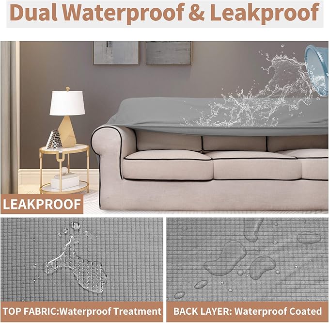 Easy-Going 100% Waterproof Oversized Loveseat Couch Cover, Dual Waterproof Sofa Cover, Stretch Jacquard Sofa Slipcover, Leakproof Furniture Protector for Kids, Pets, Dog and Cat, Light Gray