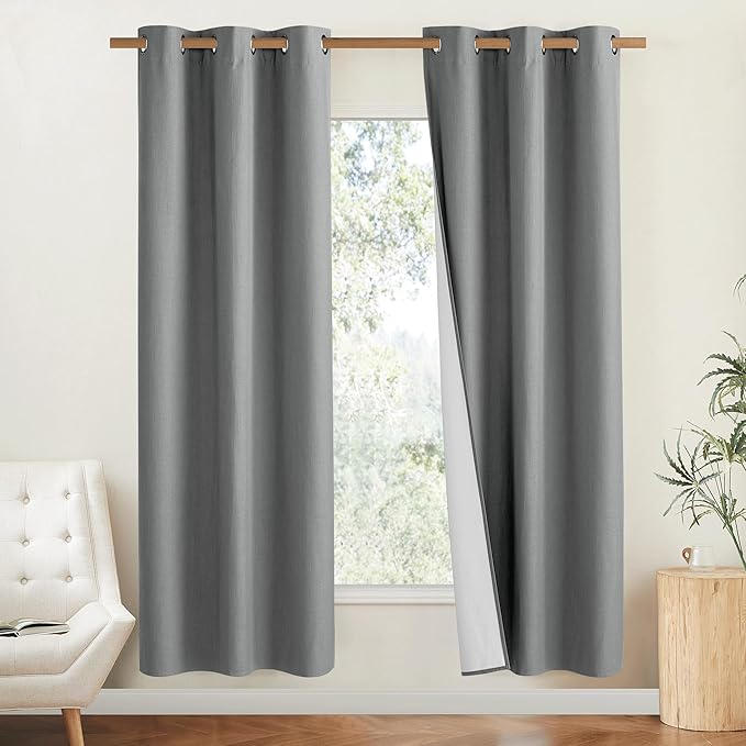 NICETOWN 100% Absolutely Blackout Linen Curtains, Dove Grey, 34" Wide, 48" Length Energy Saving Curtains for Cupboard 2 Panels Set, Vertical Blinds