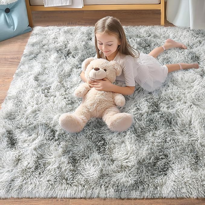 Pionblank Fluffy Area Rug for Bedroom 4x6 Feet, Indoor Plush Carpet, Shag Soft Bedside Rug, Cute Comfy Furry Rug for Living Room Dorm Girls Boys Room Nursery Decor, Tie Dye Grey