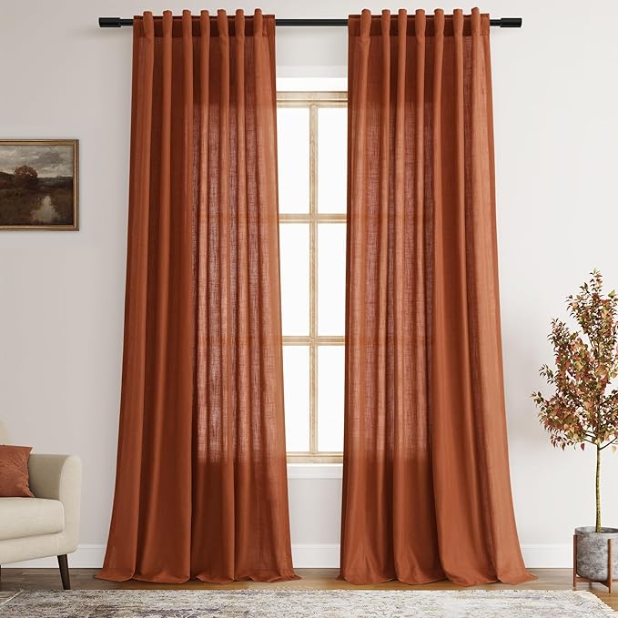 Nanspring Extra Long Curtains 132 inch Length 2 Panels Back Tab Terracotta Curtains Rustic Farmhouse Boho Fall Decor Brick Burnt Orange Semi Sheer Linen Curtain for Floor to Ceiling Window 11 Ft