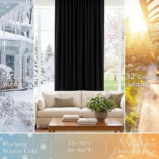 PONY DANCE Blackout Curtains for Kitchen - Light Blocking Thermal Insulated Back Tab Draperies Energy Saving/Short Window Treatments, 52 Wide by 63 inch Drop, Black, Double Panels