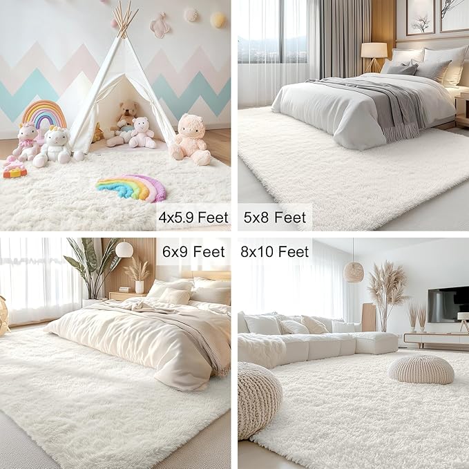 OLANLY 9x12 Machine Washable Large Area Rugs for Living Room, Bedroom, Soft Fluffy Shaggy Bedside Rug, Indoor Floor Carpet for Kids Girls and Boys, Dorms, Nursery, Home Decor Aesthetic, Ivory
