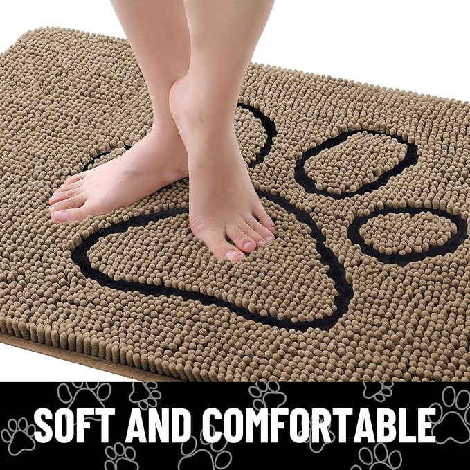 Smiry Dog Door Mat for Muddy Paws, Absorbent Dirt Trapper Non Slip Quick Dry Washable Chenille Mat for Mud Dogs, Entry Rug for Indoor and Outdoor (30x20 Inches, Camel and Black)