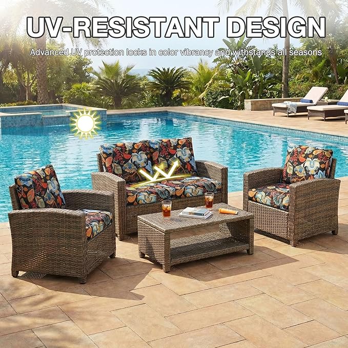 hyha 4Pcs Patio Cushion Covers, Stretch Outdoor Couch Cushion Covers Replacement, Washable Outdoor Chair/Sofa Slipcovers for Patio Furniture Cushions Protector with Elastic Bottom(Floral,Cover Only)