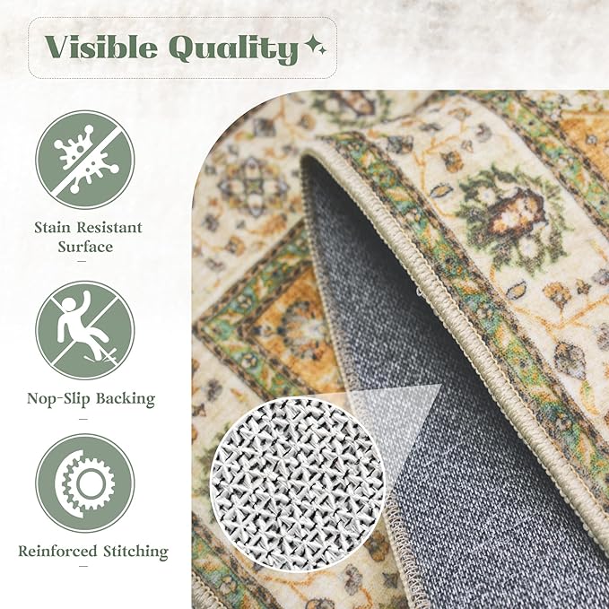 Area Rug 8x10 Washable Rug, Vintage Boho Medallion Rugs Non-Slip Soft Low Pile Large Distressed Rug Indoor Retro Carpet for Living Room Bedroom Dining Room Home Office (Vintage Green, 8'x10')