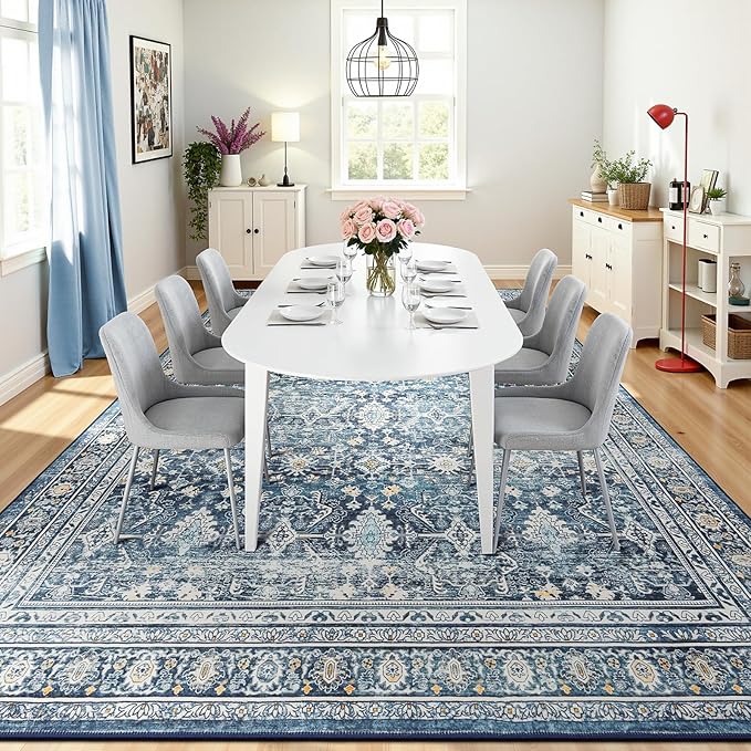 Lofus 10x14 Area Rug for Living Room,Blue Washable Area Rugs with Non-Slip Backing,Soft Boho Carpets for Bedroom Dining Room Home Office Indoor Nursery