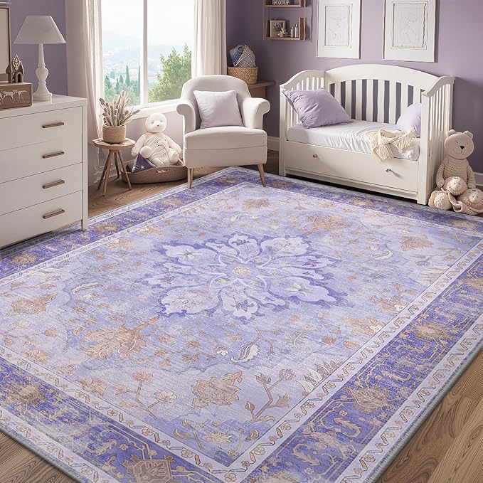 Area Rugs 4'x6' Washable Non-Slip, Floral Vintage Distress Print Pattern Medallion Carpet for Living Room Bedroom Dining Room, Light Purple Brown