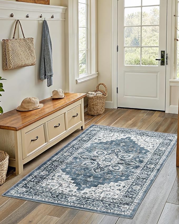 AMADA HOMEFURNISHING 3x5 Washable Area Rug, Low-Profile Entryway Rug with Non-Slip Backing & Durable Edge Binding, Vintage Rugs for Bedroom, Entryway & Kitchen