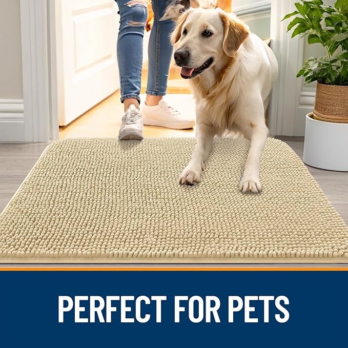 OLANLY Dog Door Mat for Muddy Paws 70x35, Absorbs Moisture and Dirt, Absorbent Non-Slip Washable Doormat, Quick Dry Chenille Mud Mat for Dogs, Entry Indoor Entryway Carpet for Inside Floor, Sand