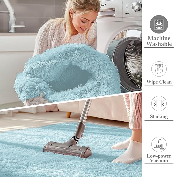 OLANLY 2x6 Machine Washable Runner Rugs for Hallway, Soft Fluffy Shaggy Bedside Rugs for Bedroom, Living Room, Indoor Floor Carpet for Kids Girls and Boys, Home Decor Aesthetic, Light Blue