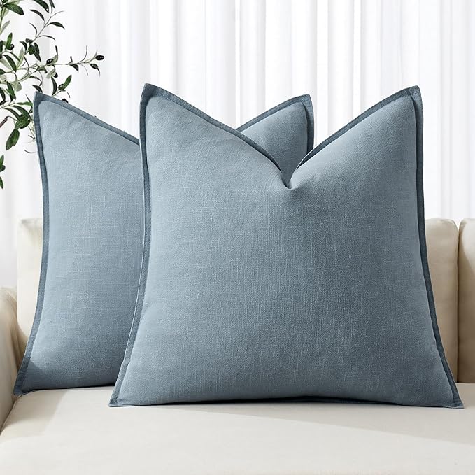 MIULEE Decorative Linen Euro Sham Pillow Covers 22x22 Inch Blue Grey Boho Farmhouse Neutral Couch Throw Pillows for Bed Pack of 2 Accent Coastal Modern Pillowcase Summer Sofa Livingroom Home Decor