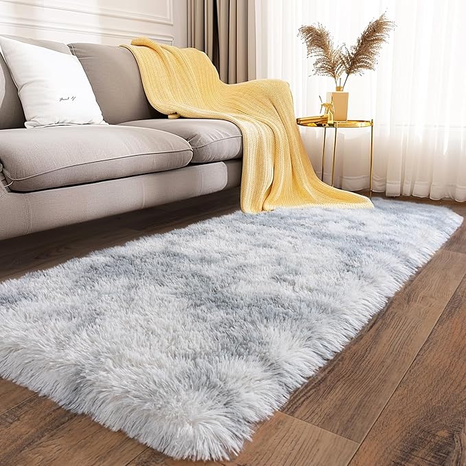 Ultra Soft Runner Rugs for Bedroom Hallways with Upgraded Non-Slip Rubber Backing & Thick Memory Sponge, 2 Packs 2x6 Feet Fluffy Shag Throw Area Rug for Bedside Dorm Tie-dye Light Grey
