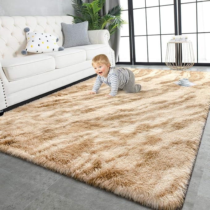 TWINNIS Super Soft Shaggy Rugs Fluffy Carpets, 6x9 Feet, Indoor Modern Plush Area Rugs for Living, Bed Room Kids Room Nursery Home Decor, Upgrade Anti-Skid Rectangular Fuzzy Rug, Beige Brown
