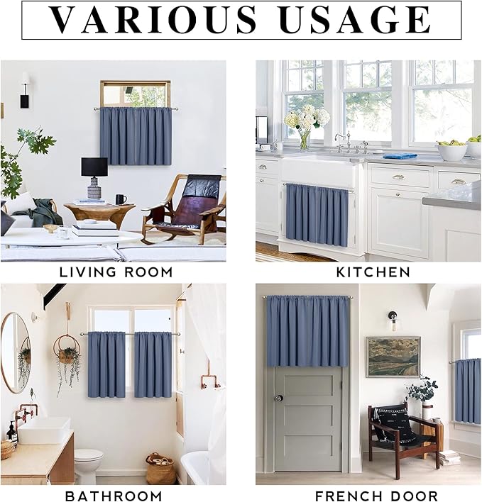 RYB HOME Half Curtain Tiers 36 inch Length, Rod Pocket Summer Heat Blocking Thermal Insulated Short Blackout Curtains for Small Window, Width 34 by Length 36, Stone Blue, 2 Panels