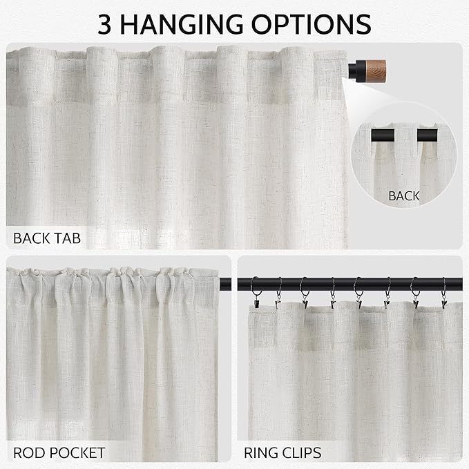 Nanspring Natural Linen Curtains 108 Inches Long for Living Room Light Filtering Sheer Curtains Back Tab and Rod Pocket Farmhouse Floor to Ceiling Curtain for Bedroom High Window 52x108, 2 Panels