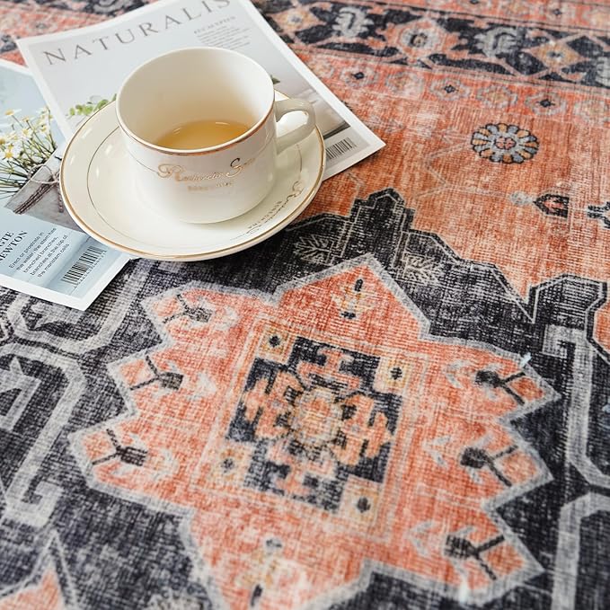Hallway Washable Runner Rug - 2'6x12 Kitchen Rugs Entryway Rug Runner Vintage Soft Floor Mat Non Slip Indoor Farmhouse Carpet for Bathroom Living Room Bedroom (2'6''x12', Orange)
