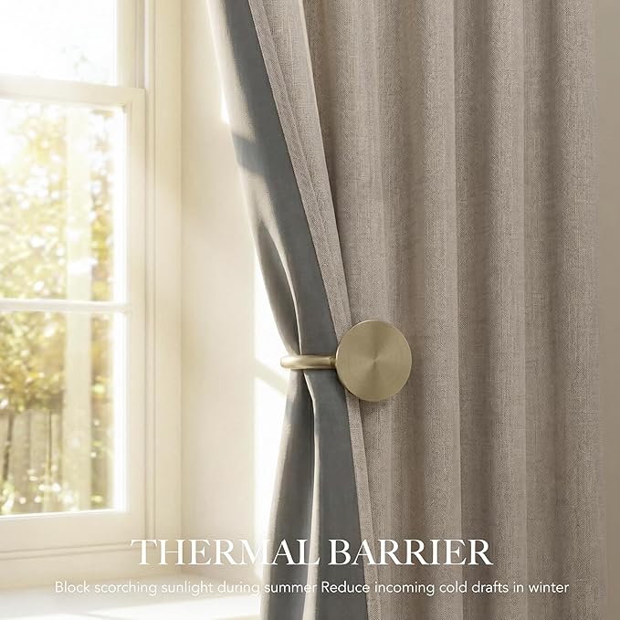 RYB HOME 100% Blackout Linen Curtains 102 Inch Long, Thermal Insulated Privacy Drapes for Bedroom/Living Room/Dining/Patio/Sliding Glass Door/Home Theater, W52 x L102, Natural Beige, 2 Panels