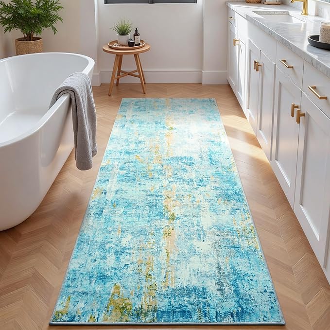 Runner Rug for Kitchen Teal Blue Hallways Runner Rug Non Slip 2'6''x8' Washable Long Runner Rugs with Rubber Backing Soft Abstract Carpet Runner for Entryway, Kitchen, Bedroom, Bathroom