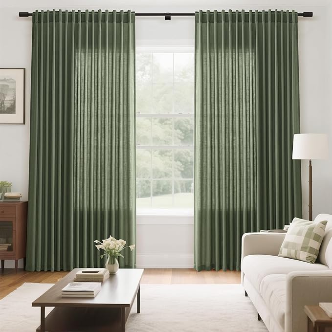 Extra Wide 100 Inch Linen Curtains for Living Room Divider Light Filtering Semi Sheer Back Tab Patio Curtains for Sliding Door Olive Green Coastal Decor Sunroom Floor to Ceiling Window Curtain 100x84