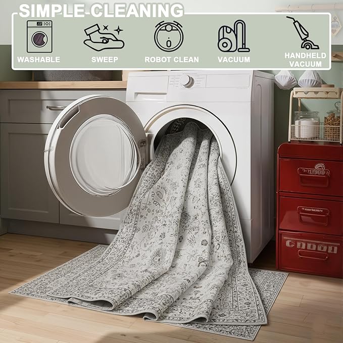 Grey White Area Rugs 5x8 for Living Room Bedroom, Non-Slip Washable Rugs Stain Resistant Boho Rug Low Pile Rug for ‎Dining Room Office (5 x8, Grey White)