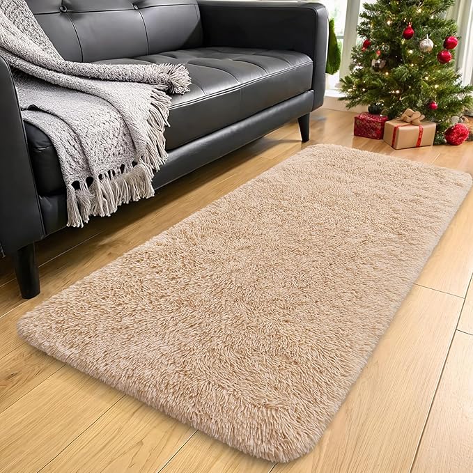OLANLY 2x11 Machine Washable Runner Rugs for Hallway, Soft Fluffy Shaggy Bedside Rugs for Bedroom, Living Room, Indoor Floor Carpet for Kids Girls and Boys, Nursery Rooms, Home Decor Aesthetic, Beige