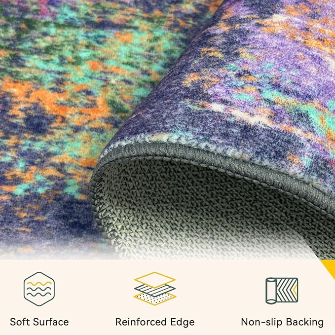 Washable Area Rugs 9'x12' Non-Slip Modern Abstract Soft for Living Room Entryway Bedroom Nursery, Print Pattern, Purple Orange Blue Green Rust Red Colorful