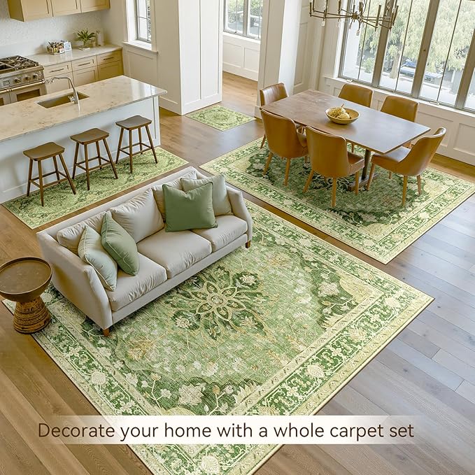 RELEANY Area Rugs 6'x8' Washable Non-Slip, Floral Vintage Distress Print Pattern Medallion Carpet for Living Room Bedroom Dining Room, Sage Green Yellow