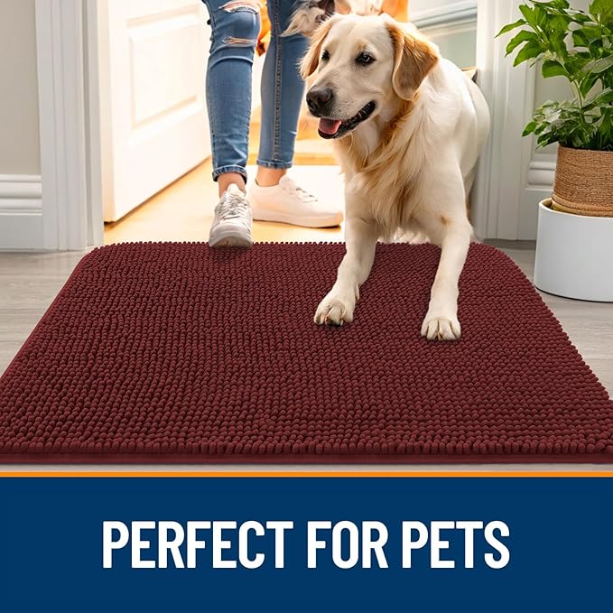 OLANLY Dog Door Mat for Muddy Paws 35x24, Absorbs Moisture and Dirt, Absorbent Non-Slip Washable Doormat, Quick Dry Chenille Mud Mat, Entry Indoor Entryway Carpet for Inside Floor, Caramel Russet