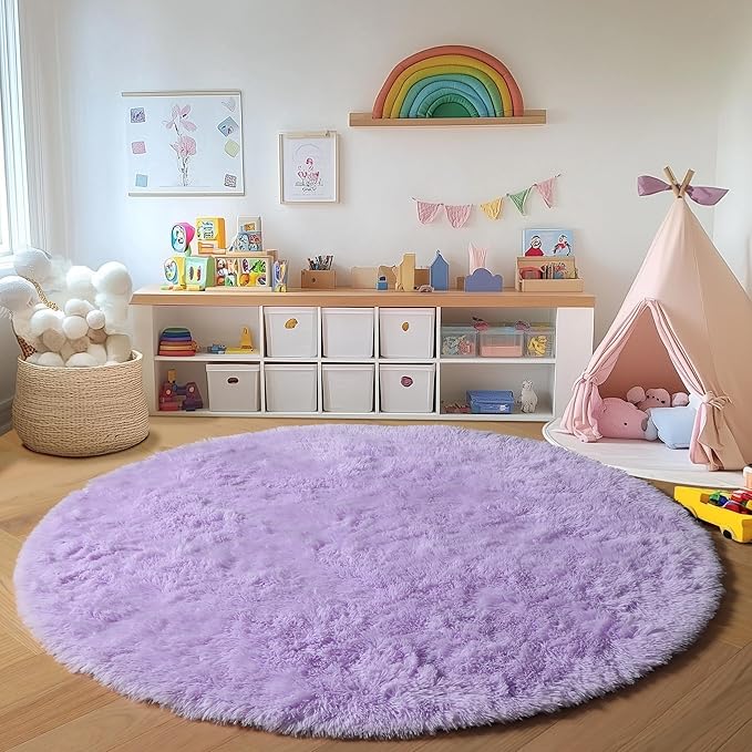 ONASAR Light Purple Round Area Rug 4ft, Soft Bedroom Circle Rugs Floor Mats for Kids Girls Teen Room, Cute Fluffy Plush Shaggy Carpet for Baby Nursery Living Room Playroom Dorm Home Decor