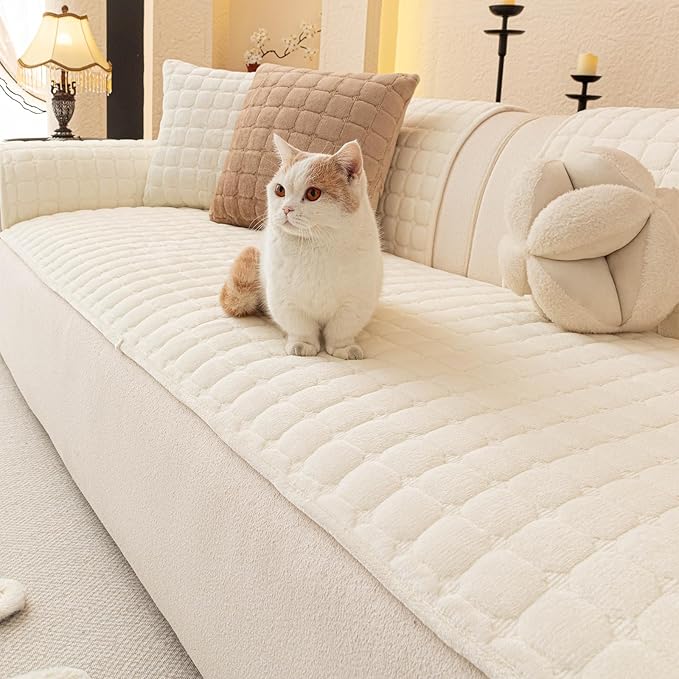 Velvet Couch Covers for Dogs, Dog Sectional Couch Covers, Pet Couchs Cover for 3-4 Seater, Couchs Protector for Dogs, Sectional Sofa Cover for Pet Washable(1PC,Beige White,27.6"×82.7")