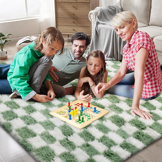Area Rugs for Bedroom Living Room,6x9 Green and White Fluffy Soft Checkered Rug Fuzzy Shag Shaggy Carpet, Indoor Plush Floor Rugs for Kids Boys Girls Teen Dorm Nursery Home Decor