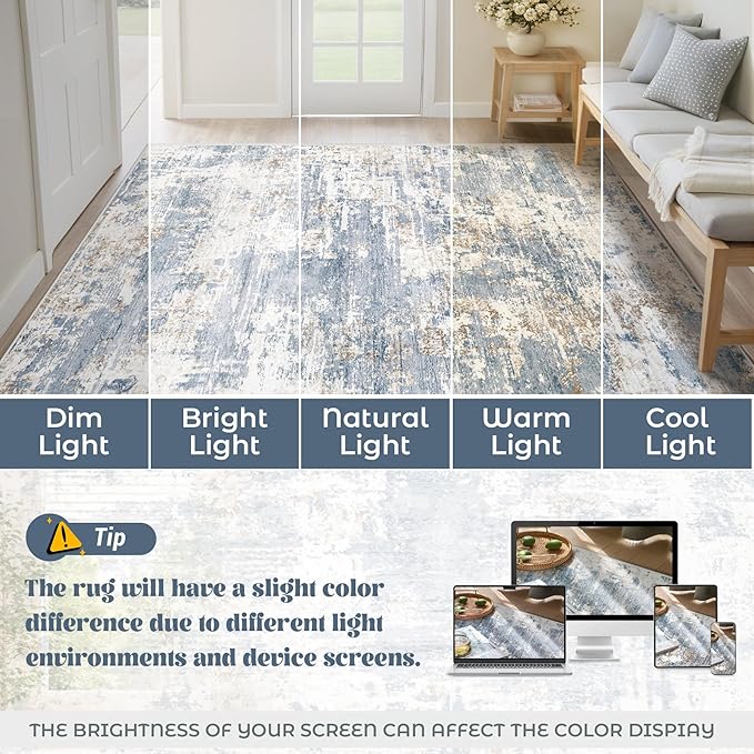 XLUEZ 10x12 Area Rug for Living Room, Washable Modern Abstract Large Area Rug Neutral Soft Non Slip Kids Rug Stain Resistant Indoor Carpet for Bedroom Dining Room Playroom Home Office(Blue, 10'x12')