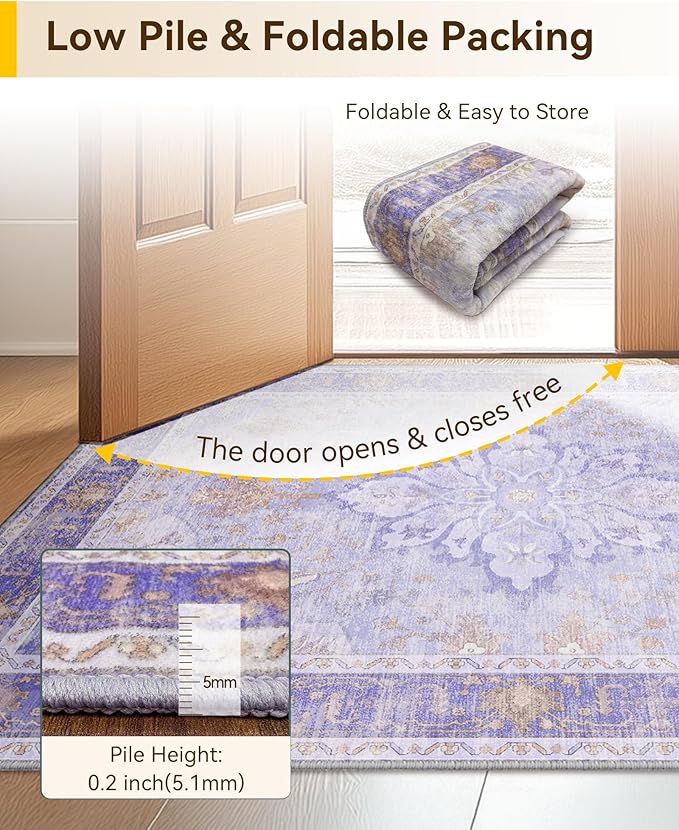 Area Rugs 2'x6' Runner Rug Non Slip Washable for Kitchen Hallway Bedroom Beside Laundry Room Bathroom Rug, Floor Carpet, Light Purple Brown