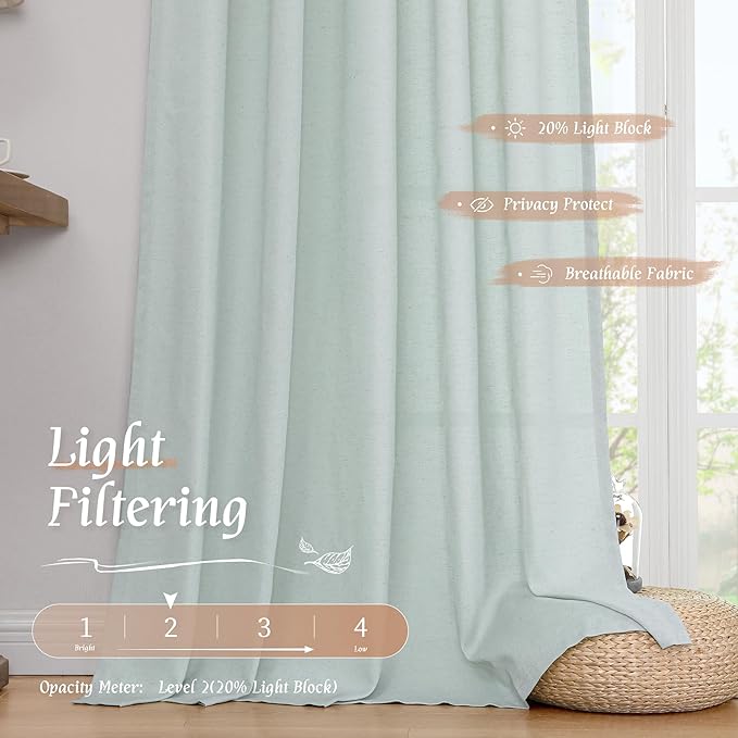 LAMIT Linen Blended Curtains 72 inch for Bedroom, Linen Textured Light Filtering Drapes Rod Pocket Boho Neutral Panels for Farmhouse/Living Room, 2 Panels, 52 x 72 Inch, Light Blue