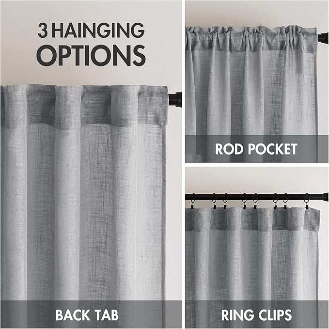MIULEE Grey Linen Curtains 96 Inch Long for Bedroom Living Room, Soft Thick Linen Textured Window Drapes Gray Semi Sheer Light Filtering Back Tab Rod Pocket Burlap Look Decor, 2 Panels