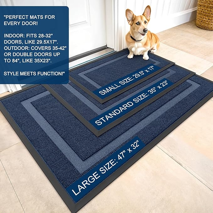 OLANLY Front Door Mat Indoor Outdoor Entrance, Waterproof All-Season, All-Weather Doormat, Sturdy Natural Rubber, Fade Resistant, Low Profile, Easy Clean Patio Porch Entryway Mat, 47x23, Blue