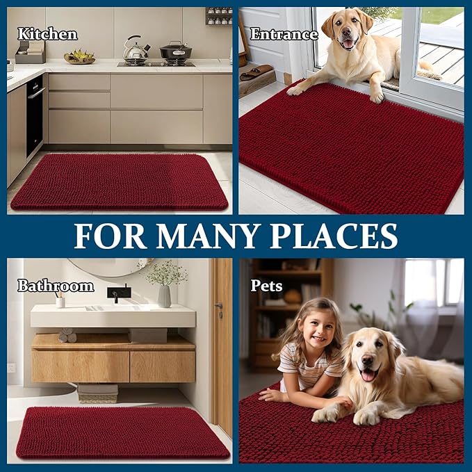 OLANLY Dog Door Mat for Muddy Paws 44x24, Absorbs Moisture and Dirt, Absorbent Non-Slip Washable Doormat, Quick Dry Chenille Mud Mat for Dogs, Entry Indoor Entryway Carpet for Inside Floor, Red