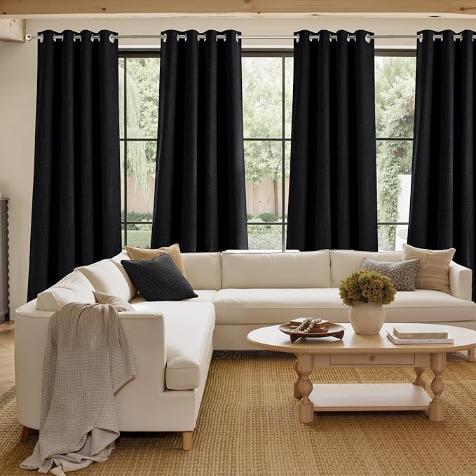 NICETOWN Faux Linen Black Blackout Curtains 84 inches Long for Living Room - Privacy Panels for Bedroom, Modern Farmhouse Style Easy Care Grommet Top, 2 Panels, W52 by L84