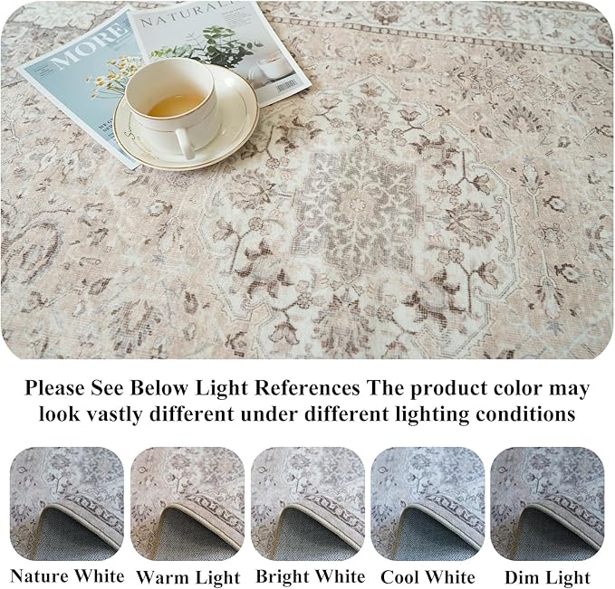 Washable 5x8 Living Room Area Rug: Vintage Water-Resistant Soft Rug for Bedroom Dining Room Non Slip Apartment Low Pile Carpet Thin Floor Mat for Dorm Home Office Printed Beside Rug(5x8，Beige)